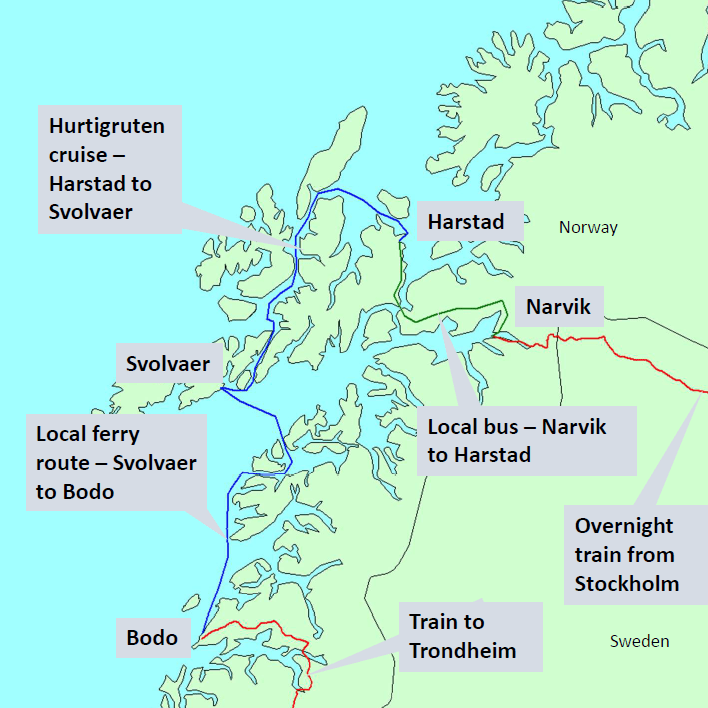 Detailed travel map of northern Norway into the Arctic Circle showing key features of the route including an overnight sleeper train from Stockholm to Narvik, a bus from Narvik to Harstad, the Hurtigruten coastal ferry from Harstad to Svolvear, a local ferry from Svolvear to Bodo and a train from Bodo to Trondheim.