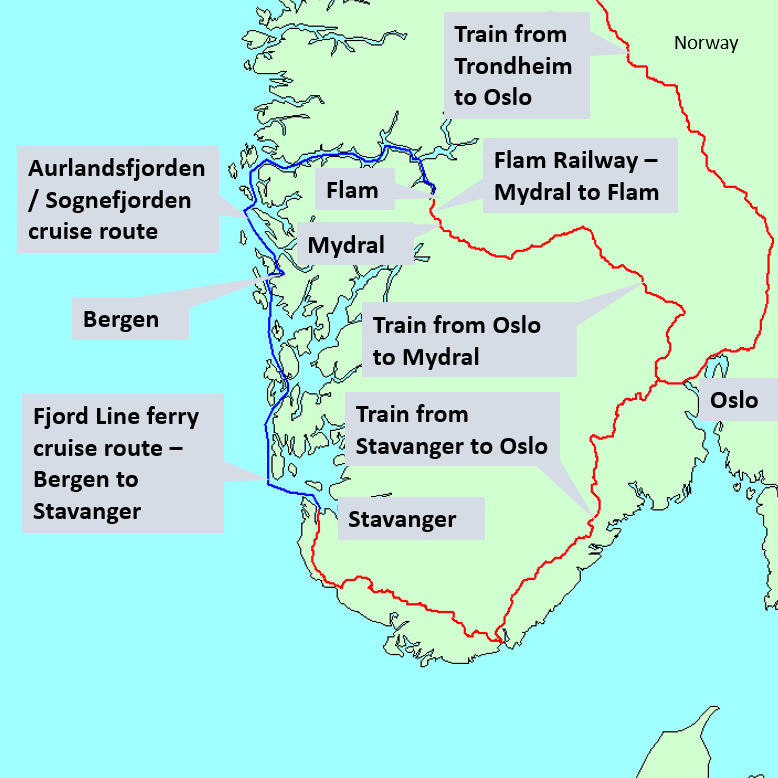 Detailed travel map showing route through southern Norway including train journey from Trondheim to Oslo, train from Oslo to Flam, ferry from Flam to Bergen, ferry from Bergen to Stavanger and train from Stavanger back to Oslo.