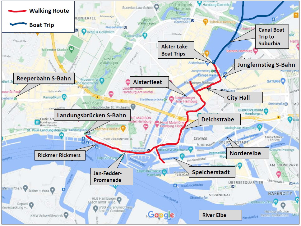 A detailed map of central Hamburg illustrating a walking route {shown in red} and the boat trip (shown in blue). The highlights of the route are that it starts at Jungfernstieng S-bahn station and visits Alster Lake, City Hall, Alsterfleet, Deichstrabe, the Norderelbe, Speicherstadt, Jan Fedder Promenade and the Rickmer Rickmers sailing ship.  The route finally terminates at Landungsbrucken S-bahn station.