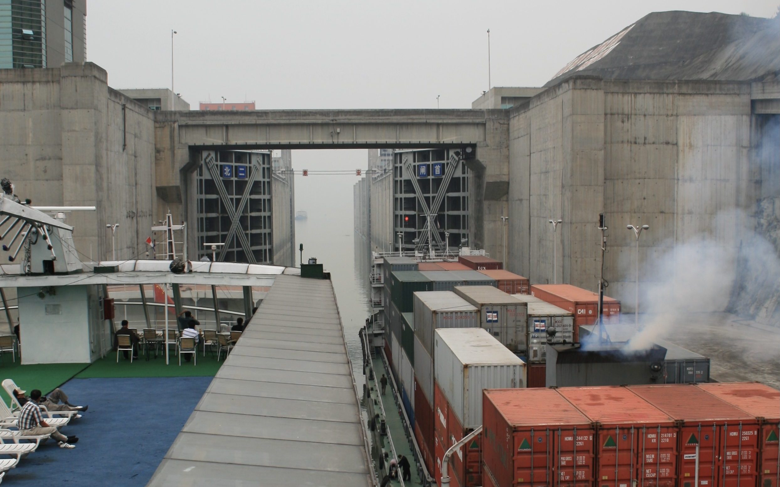 Cargo barges passing through the lock system at the Three Gorges Dam, located on the River Yangtze near the  town of Sandouping, Yiling District, Yichang, Hubei province, China