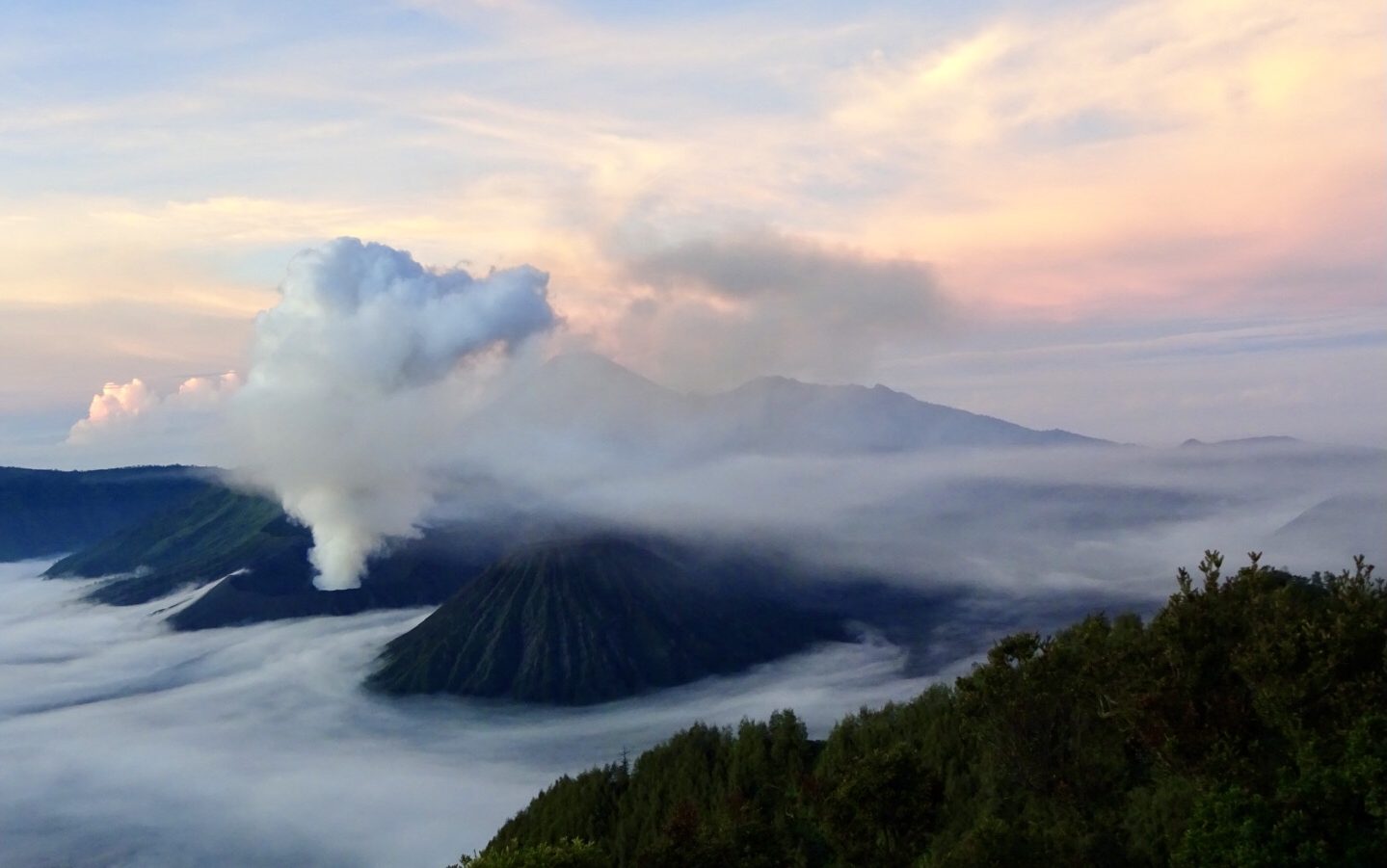 View of 2,329 metre high Mount Bromo, an active somma volcano within the Tengger mountains in East Java, Indonesia.