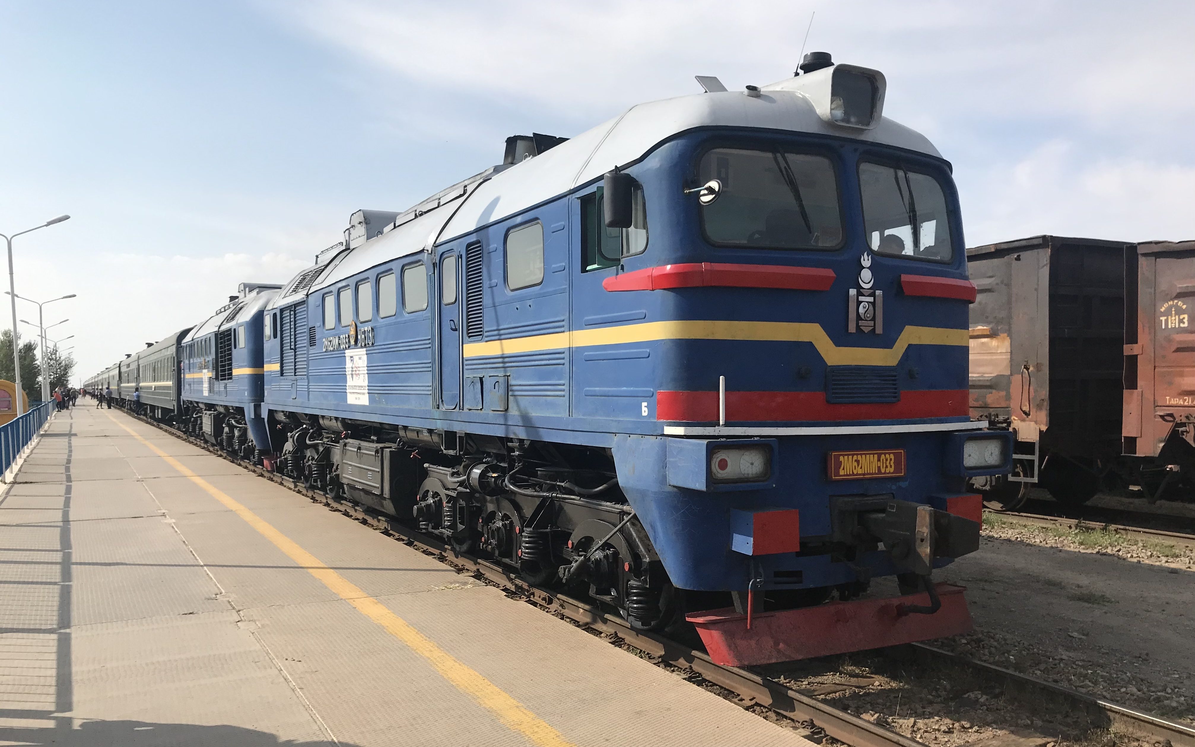 Double engined blue Trans Siberian Express train at rest at Ulaanbaatar station in Mongolia