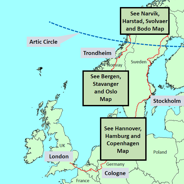 Overview map of journey through Belgian, Germany and Scandinavia showing major cities and transport routes, including locations like London, Stockholm, and Trondheim.