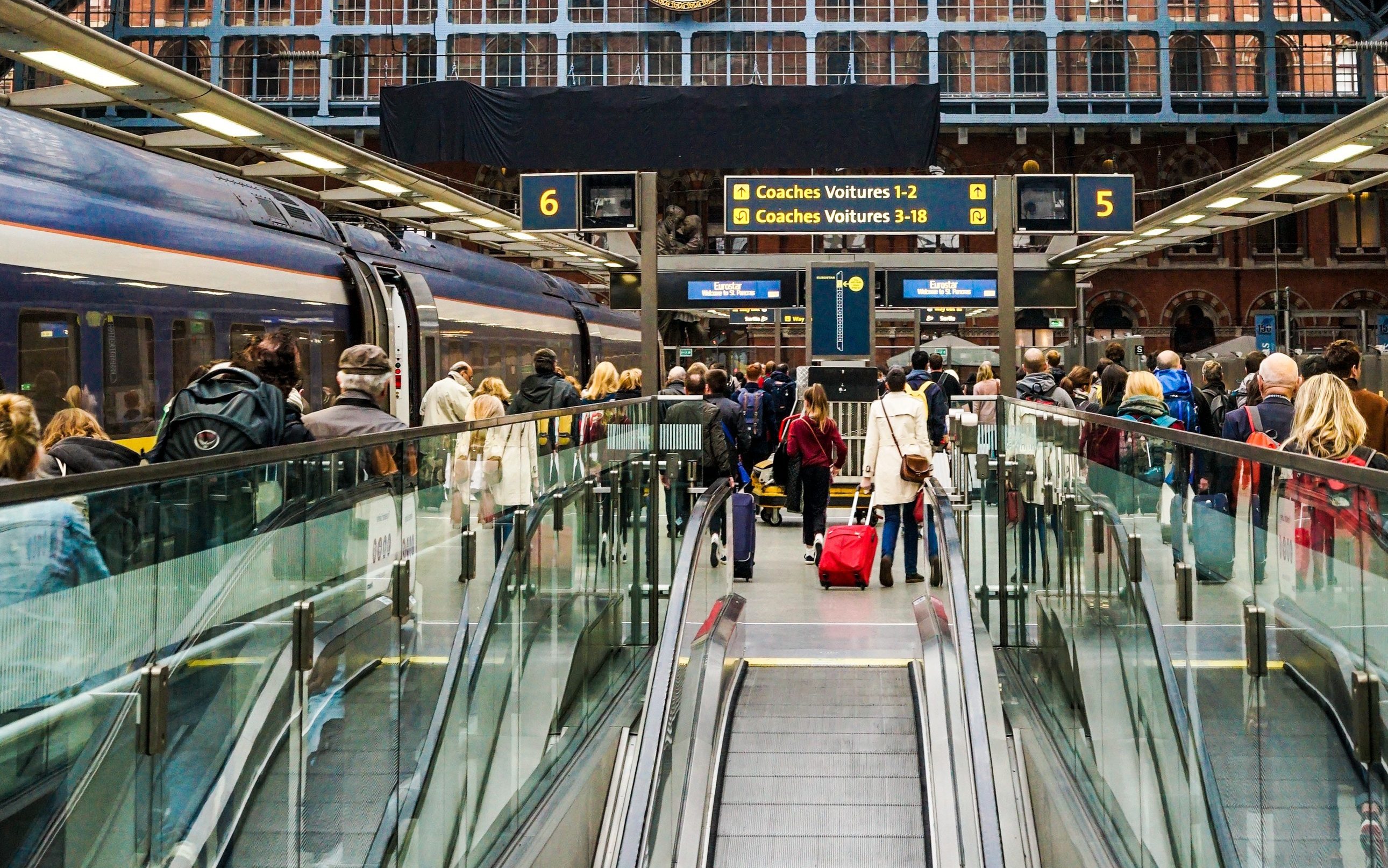 Passengers arriving on platform 6 at St Pancras International Station ready to board the EuroStar train heading to Brussels