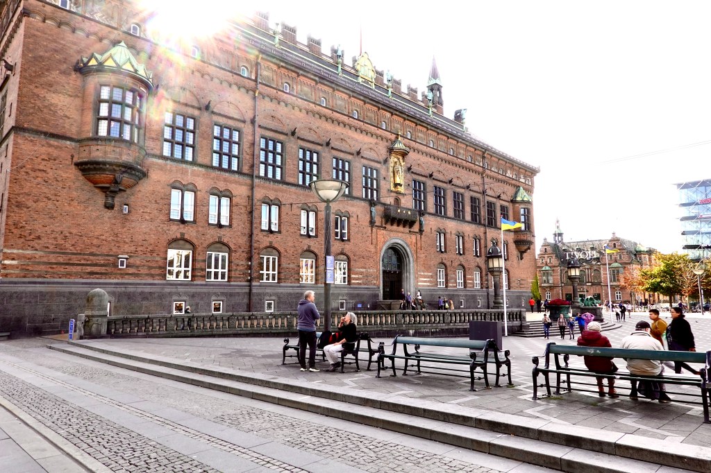 A wide view of the Copenhagen City Hall, showcasing its unique architecture. The City Hall lies near the start of a self guided walk through central Copenhagen 