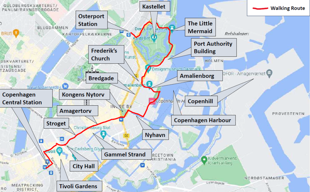 Map of Copenhagen highlighting a self guided walking route through central Copenhagen with labeled attractions including Tivoli Gardens, Stroget, Nyhavn, Copenhagen Habour, Amalienborg, Frederick’s Church, the Kastellet and the Little Mermaid.