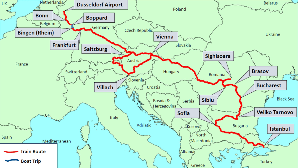 Map illustrating the overland train based travel route from Dusseldorf, Germany to Istanbul, Turkey, highlighting key cities and regions along the journey. These include Bonn, Boppard, Frankfurt, Vienna, Salzburg, Sighisoara, Sibiu, Brasov, Bucharest, Veliko Tarnovo and Sofia.