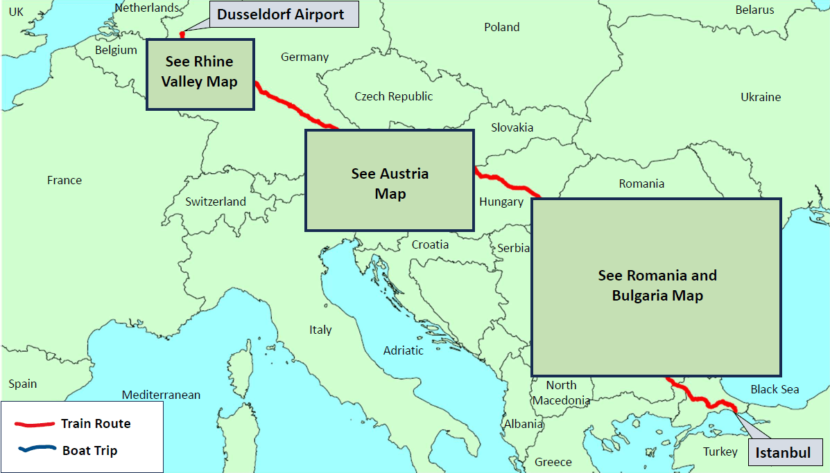 This slide shows a key map of the route from Dusseldorf, Germany, to Istanbul, Turkey. Other maps show more detail of activities in each key area.
