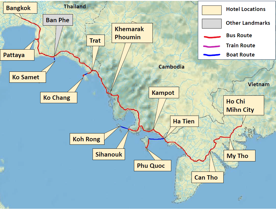 This image shows a backpacking route along the southeastern seaboard of Thailand, through southern Cambodia and then on to the Mekong Delta and Ho Chi Minh City in Vietnam. It is included here to give the reader a flavour of what is possible in the world of solo backpacking  A link is also provided to an accompanying post describing this backpacking trip in more detail