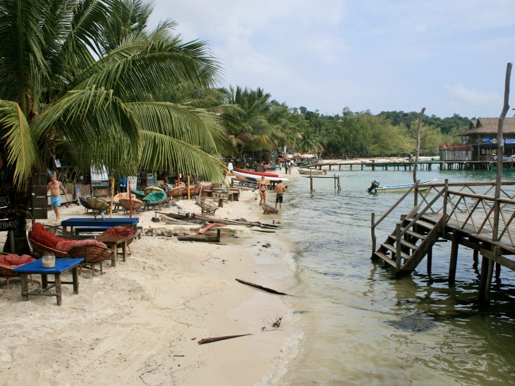 This image shows the beach on Koh Rong in Cambodia where the ferry boats arrive. It is included in the post to show the reader the type of places they could visit while backpacking in Southeast Asia. The links associated with the photograph provide the reader with the opportunity to understand what type of accommodation is available on Koh Rong and what the nightly room charges are.