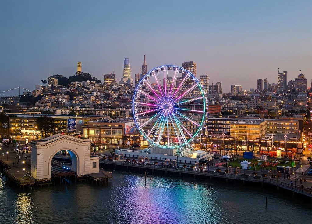 This image shows the Sky Star Wheel at Fisherman's Wharf, San Francisco. The wheel is illuminated in the early evening light and is seen against a backdrop of the City's skyline. The shapes of Grace Cathedral, atop Nob Hill, and Coit Tower, atop Telegraph Hill, can be made out in the background, The Pier 43 Ferry Arch can also be seen in the foreground of the picture