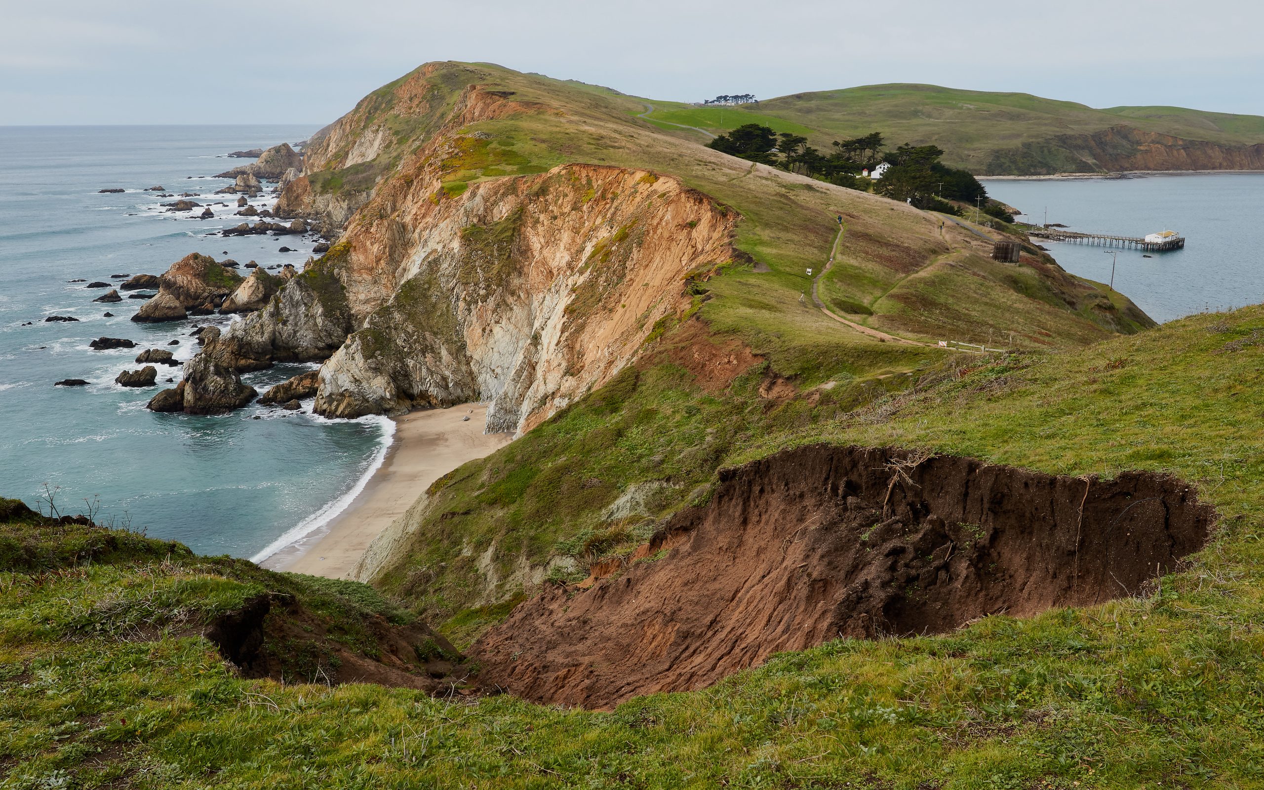 This image shows a headland within the Point Reyes National Seashore area in California. The photo shows the Pacific Ocean on either side of the headland.  It additionally shows a narrow beach at the bottom of the cliffs on the left hand side of the picture.